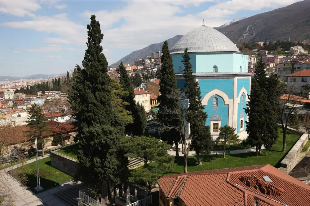 The tiled facade of the Green Tomb in Bursa, Turkey