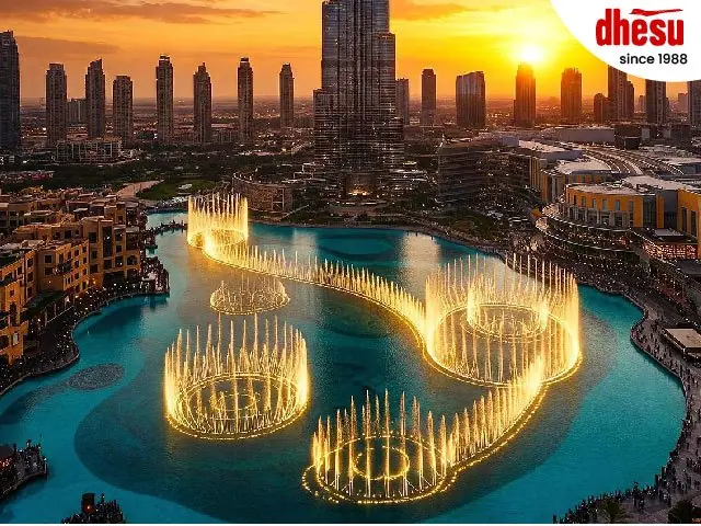The Dubai Fountain lit up at night below the city skyline