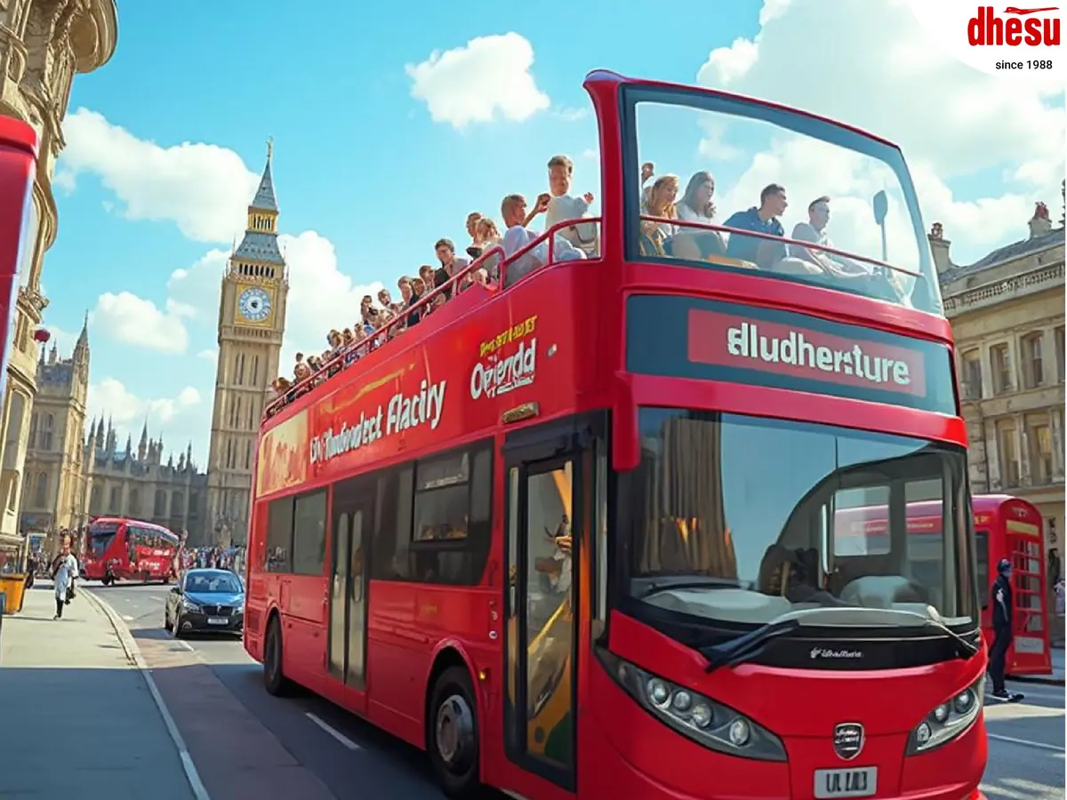 An open-top sightseeing bus full of passengers passing a city landmark