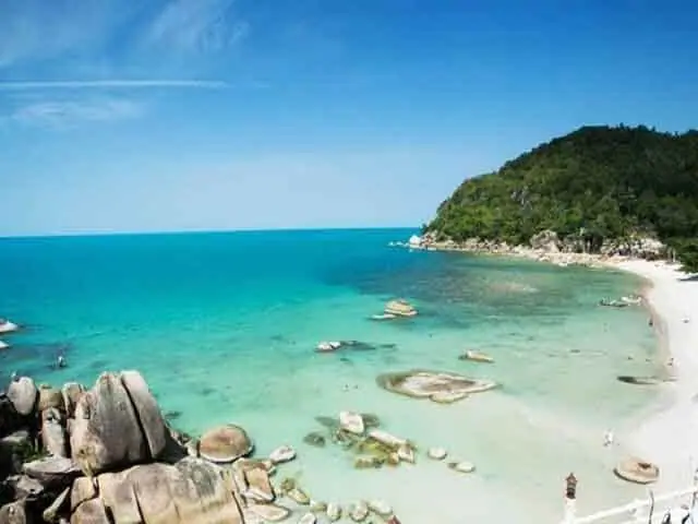 A clear shallow bay with rocks breaking the surface and palms along the shore