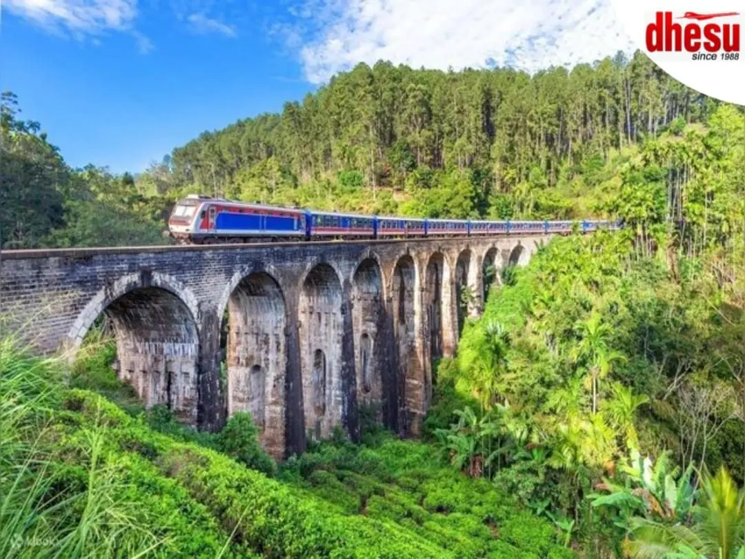 A train crossing the Nine Arch Bridge at Ella, Sri Lanka