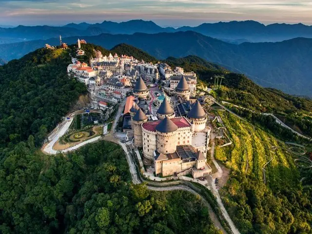 The French-style village at Ba Na Hills above the forested mountains near Da Nang, Vietnam