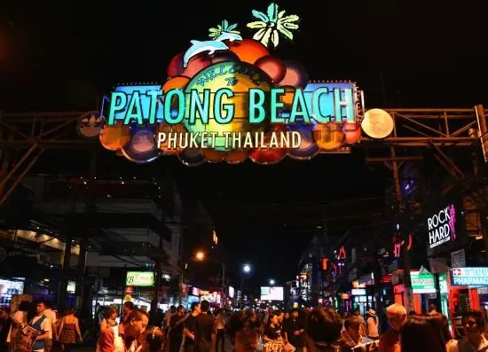 The illuminated Patong Beach arch in Phuket, Thailand