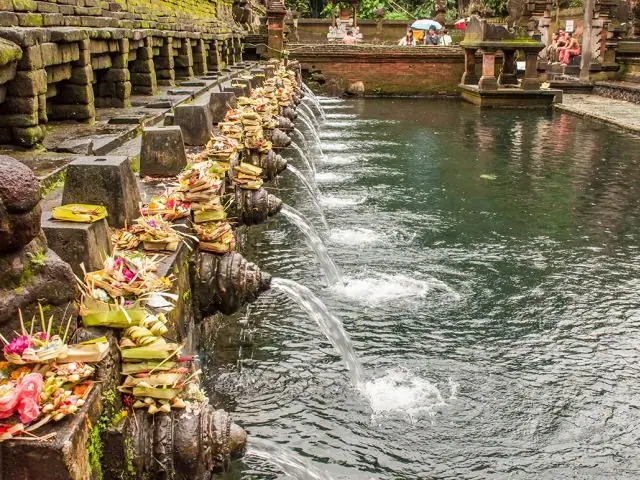 Offerings beside the spring-water pools at Tirta Empul, Bali